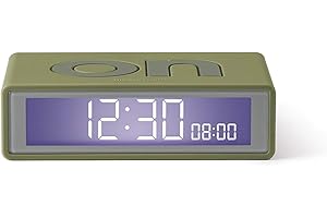 Lexon Flip+ Travel Mini réveil de Voyage, réversible avec Faces on Off et Fonction Snooze, à écran LCD et Lumière Tactile, Radio controllé, en Gomme - Kaki