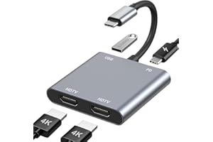 LUONANAVA USB C to Dual HDMI Adapter, 4 in 1 HDMI Splitter for Dual Monitors 4K, USB 3.0, PD 100W, Dual HDMI Adapter for 2 Monitors HDMI Dual Monitor Adapter for MacBook Pro/Air, Pad, Surface, Dell, Chromebook