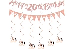 HUKUMA 20. Geburtstag Partydeko Set,Geburtstagsdeko 20 jahre,Sweet 20 Deko Luftschlangen Rosegold,Frau Girlande Spiralen, Happy Birthday Banner Deko zum 20 Geburtstag Frauen