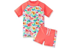 ZNYUNE Fille Maillot de Bain Imprimé 2 Pièces Haut Manches Courtes + Short Enfant Rash Guard Anti-UV Protection Solaire UPF50+