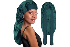 BONNET QUEEN Long Silk Satin Hair Bonnet for Sleeping Satin Cap Sleep Bonnet for Hair Long Curly Braid Locs Dreadlocks, Dark Green