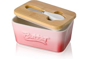 Mantequillera de Porcelana con Cuchillo y Tapa de Madera, Henten Home Contenedor Grande para Mantequilla, Recipiente Hermética para Todo Tipo de Mantequilla(Rosa Sakura)