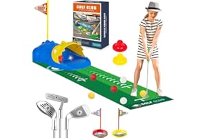 KUWUNG Kids Golf Set, Golf Chipping Game with Retractable Golf Clubs, Automatic Ball Returner, Led Light Up Night Golf Balls, Golf Putting Mat and Golf Holes, Indoor Outdoor Golf Games for Boys Girls
