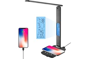 XIMI-V LED Desk Lamp with Wireless Charger, Table Lamp with Clock, Alarm, Date, Temperature, Office Lamp, Desk Lamps for Home Office (Black)