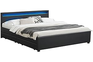 ‎JUSKYS Juskys Polsterbett Lyon 180x200 cm mit Bettkasten, LED Beleuchtung, Lattenrost & Kunstleder, schwarz, Bett Bettgestell Doppelbett Ehebett