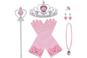 Vicloon Elsa Dress Up Accessories Set, 7 Pcs Princess Dress-up Party Accessories for Girls with Elsa Gloves, Princess Tiara, Earring, Magic Wand and Necklace(Pink)