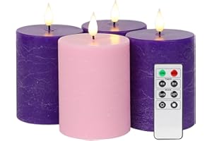 Fanna 4 cera Velas led de Adviento con temporizador, Velas a Pilas diseño rústico para Corona de Adviento, Mando a distancia y pilas incluidas, Altura 10cm