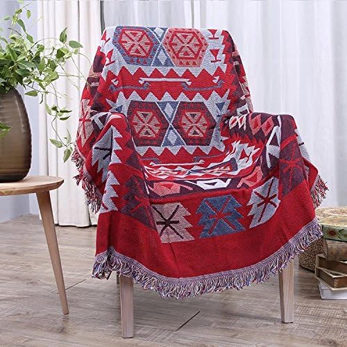 YUTIANHOME Soft Warm Rug Jacquard Tassels Cotton Throw Blankets, Suitable for Chair,Sofa or Bed,Vintage Ethnic Style,Red 35 x 35 inches