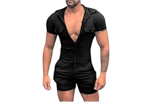 NC One Piece Jumpsuits for Men Fashion Comfy Short-Sleeved Cotton Button Down Slim Fit Hooded Zipper Rompers Rompers Hawaiian Sleeveless Drawstring Shorts Coverall Tracksuits with Chest Pockets