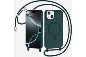 SLWYF Magnetische Handykette für iPhone 14 Hülle mit Band, Handyhülle Kompatibel mit MagSafe, Silikon Seil Necklace Handyhülle PU Stoßfest mit Abnehmbar Kordel zum Umhängen Case - Dunkelgrün