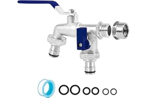 LLUOXI Double Garden Tap with Connector, 1/2 Inch Inlet and Two 3/4 Inch Outlet Outside Taps Hose Fitting Garden Kit for Outside Double Outlet Outdoor Brass Tap(Blue)