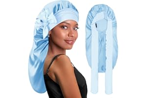 BONNET QUEEN Long Silk Satin Hair Bonnet for Sleeping Satin cap Sleep Bonnet for Hair Long Curly Braid Locs Dreadlocks, Light Blue