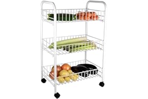Almineez 3 Tier Fruit Vegetable Trolley - With Castors Wheels Kitchen Storage Rack Cart Tidy Organiser Basket Shelves (White)