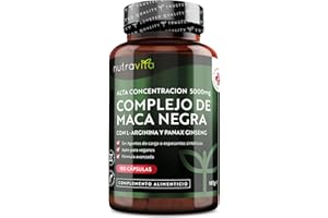 Maca Negra Andina de Alta Resistencia 5000mg - 180 Cápsulas Veganas- con L-arginina y Ginseng, Antioxidante para mejorar Espermatozoide, Memoria y Fatiga - Suministro de 6 Meses -Nutravita