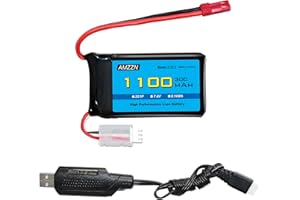 AMZZN 7.4V 1100mah 30C JST-2P Plug Li-Ion Battery, with USB,Adecuado para wlayos A949 A959 A969 A979,Compatible con la mayoría de Camiones RC proporcionales 1/10 1/16 1/18 1/24,A320 A321 V353 RC UAV
