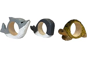 your castle Anelli portatovaglioli, intagliati a mano, design animale, balena, delfino, tartaruga, set da 3 pezzi, in legno, dipinti a mano, versatili, con base stabile, circa 9 x 6 x 2 cm