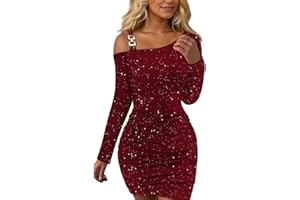 EMOTTOS Women's Sexy Sequin Mini Dress, Going Out Dresses Off Shoulder Square Buckle Sloping Shoulders Wrap Dress, Bottom Waist Pleat Slim Fit Tight Bodycon Dress Party Club, Black, S-L