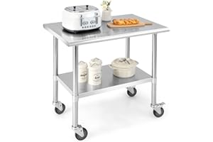 KOMFOTTEU Tavolo da lavoro con ruote, per cucina, carrello di servizio in acciaio inox, carrello a 2 ripiani con carico di 250 kg, tavolo di preparazione del cibo per ristorante (91,5 x 61 x 89,5 cm)