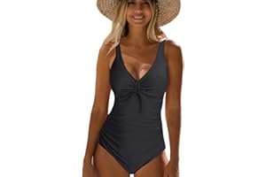 NLAND Costume Intero Donna da Contenitivo Increspato Controllo della Pancia Scollo a V da Bagno Costume Halter Spalline Regolabili Coulisse sul Petto Push Up