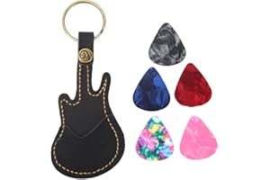 Joyzan Púas de Celuloide, Portátil Llavero Funda Cuero PU Plectro Porta Puas Guitarra Selección Celuloide Colorido Accesorios para Eléctrica Eléctricas Clásica Acústicas Bajo Ukelele 5 Piezas