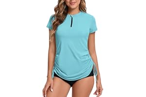 HAVIDETO Women's Surf Shirt Short Sleeve 1/4 Zip Rash Guard UV Shirts Swimming Shirt with Adjustable Hem UPF 50+