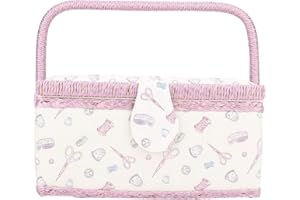 ZERODIS Sewing Basket with Pink Fabric Craft Thread Needle Vintage Sewing Basket Household Design Sewing Tool Storage Box with Removable Tray Builtin Pin Cushion and Interior Pocket