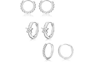 EXGOX 3 Pairs Silver Hoop Earrings for Women Girls,925 Sterling Silver Earrings Cubic Zirconia Huggie Hoop Earrings Hypoallergenic Small Cartilage Sleepers Earrings Set for Multiple Piercing