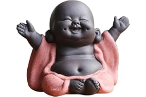 Qikuver Buddha Maitreya che ride, Statua di Buddha in ceramica Ornamento Scultura da tè Piccolo monaco Decor Set da tè per Home Office Decorazioni per auto Regalo Artigianato e arte (arancia)