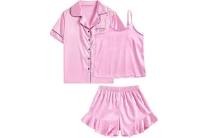 Belovecol Girls Satin Pajamas Set 3Pj Silk Nightwear Button-Down Nightwear Children Sleepwear for Kid Teens 6-13 Years
