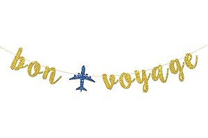 MERRSHIN Bon Voyage Banner - Travel Theme Party Bunting Supplies - The Adventure Begin - Job Change - Retirement - Moving - Farewell Party Decorations - Gold Glitter