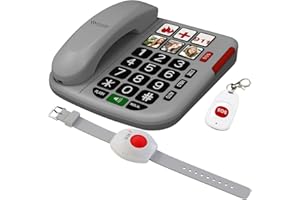 simvalley Communications Festnetztelefon: Senioren-Notruf-Telefon, Funk-SOS-Taster & zusätzliches SOS-Armband (Notruftelefon, Tischtelefon)