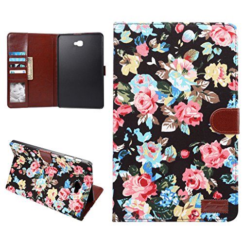 SZHTSWU Kunstleder Tasche für Samsung Galaxy Tab A 10.1 (2016) T580N/T585N, Seitlicher Magnetverschluss Schönem Floralem Blumen Muster PU Leder Tasche Hülle Tablette Case Schutzhülle Flip Wallet Ledertasche mit Kartenfächern und Ständerfunktion für Samsung Galaxy Tab A (2016) T580N / T585N 25,54 cm (10,1 Zoll) Tablet-PC,(Schwarz Blumen)