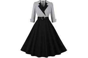 ZEIAYUAS Women Vintage Dress 1950s Audrey Hepburn Dress A Line Swing Cocktail Party Dresses Plain Short Sleeve Button V Neck Retro Dresses Swing Flowy Tea Dress 50s 60s Dance Gown with Pocket Belt