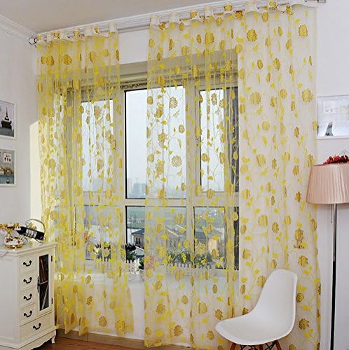 AMSS Yellow Rose Flower Window Sheer Curtain Panels 1m Width x2m Drop, Grommets, 2 panels