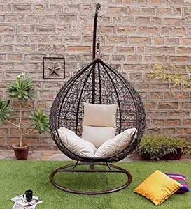 WildMonk Single Seater |Swing Chair with Stand & Cushion & Hook Outdoor Indoor| Outdoor| Living Room | Balcony | Garden | Patio | Home Improvement (Brown-Stand, Basket-Brown, Cushion-Peach)