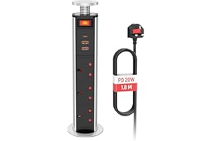 HANNELORE Pull Pop up Plug Socket USB C PD20W with Switch, Desk Power Socket Extension 3 Way Outlets for Kitchen Worktops Island, 13A/3250W, 1.8M Cable, Silver Black