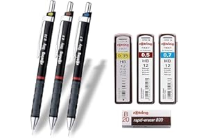 rOtring Tikky 3er Set mit Colourcode 0,35/0,5/0,7 mm (inkl. 3 Dosen Ersatzminen HB + Radierer B20)