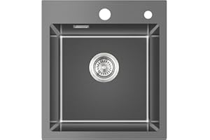 KINKIBOS Spülbecken 304 Edelstahl 45 x 50 cm, Spülbecken Küche Schwarz Grau, Einbauspüle mit Hahnloch und Überlauf (Ohne Siphon), Küchenspüle 1 Becken Rechteckig, Küche Spüle für 50 cm Unterschrank