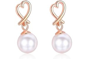 Bellitia Jewelry Corazón Pendientes de Gota de Plata de Ley 925 Chapada en Oro Rosa/Oro Blanco Pendientes Mujeres y Niñas con Perla Cultivada de Agua Dulce