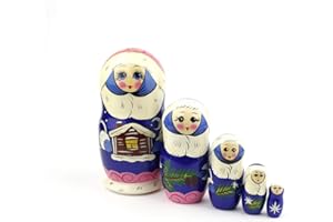 HEKA NATURALS Matrioske Russe, 5 Matrioske Stile Ragazza Delle Nevi | Babushka in Legno Giocattolo Regalo, Disegno Con Ragazza Con Pelliccia Blu, Realizzata a Mano in Russia | Ragazza Delle Nevi, 5 Pezzi, 16 cm