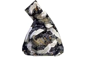 FANCYPUMPKIN Vintage Japanese Yukata Kimono Crane Handbag Wristlet Bag Small Coin Bag Tote Handle Bag Knot Pouch for Women