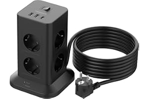TESSAN Strömuttag med 8 uttag med 2 USB A och 1 USB C, 5 meters förlängare, uttag för överbelastningsskydd, vertikala grenutt