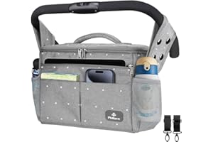 PHILORN Pram Bag Baby Stroller Organizer with Insulated Cup Holders Shoulder Strap, Large Caddy Parent Console Bag Extra Storage Firmly Attachement 3 Ways to Carry Bag for Buggy (Grey with dots)