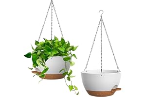 Homeuouz 25cm 2 Pack Self Watering Hanging Plant Pots, Plastic Hanging Baskets with 35 Oz Reservoir, Hanging Planters for Pothos, Spider Plants and All Indoor Outdoor Plants, White with Brown