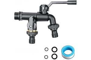 QHENS Kran zewnętrzny 3/4 cala, mosiądz ogrodowy, podwójny kran, czarny, 2 x 3/4", zawór kulowy, odporny na mróz, kran do wody na zewnątrz, system nawadniania