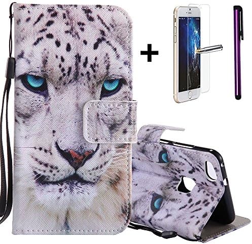 HUAWEI P10 LITE Leather Case Wallet Flip Cover [Free Tempered Glass Screen Protector &amp; Stylus Pen] NEWSTARS New Fashional Colorful Funny Cute Pattern Print Printing Full Body Design - Ultra Slim Fit - Viewing Stand - Card Slots - Hand Strap - Premium PU Leather Case for Huawei P10 Lite / P10 mini 5.2" 2017 - White Leopard