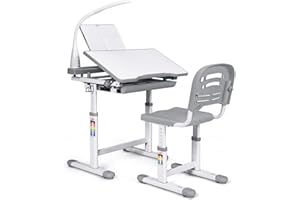 COSTWAY Kinderschreibtisch höhenverstellbar, Schülerschreibtisch mit Lampe, Kindermöbel neigungsverstellbar, Kindertisch mit Stuhl, Schreibtisch mit Schublade, Farbewahl (Grau)