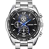 iLove EU Herren-Armbanduhr Sportuhr Analog Quarz 3ATM wasserdicht LED Licht Blau Gauge-Nadeln Edelstahl Silber mit Schwarz Zifferblat