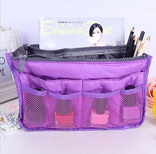 Feikai Practical Expandable 13 Pocket Nylon Dual Handbag Insert Large Purse Makeup Organizer Pouch Tidy &amp; Neat Cosmetic Storage Toiletry Overnight Bag with Handles for Outdoor Sports Travel Purple