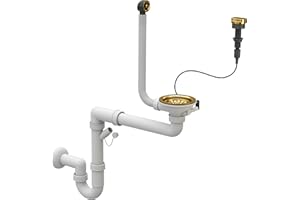 Siphon d'évier de cuisine peu encombrant - Kit avec raccord pour lave-vaisselle - Diamètre : 115 mm - Bonde pour 1 bac avec bouchon automatique - Doré Granitan